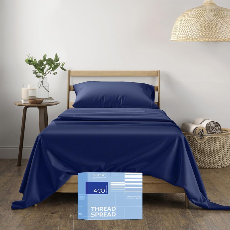 THREAD SPREAD 100% Cotton Sheets Twin Size - 400 Thread Count Cotton Bed Sheets Twin, 3 PC Set (Navy Blue), Luxury Soft, Breathable, Cooling, Sateen Weave 16" Deep Pocket Bedsheet for Dorm Rooms - Image 1